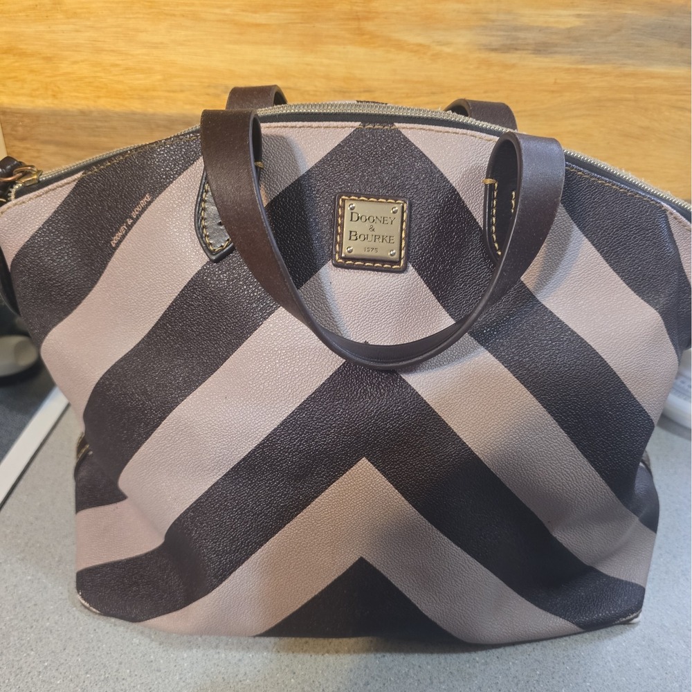 Dooney & Bourke Brown Tan Leather Striped Large Satchel Purse No Shoulder Strap